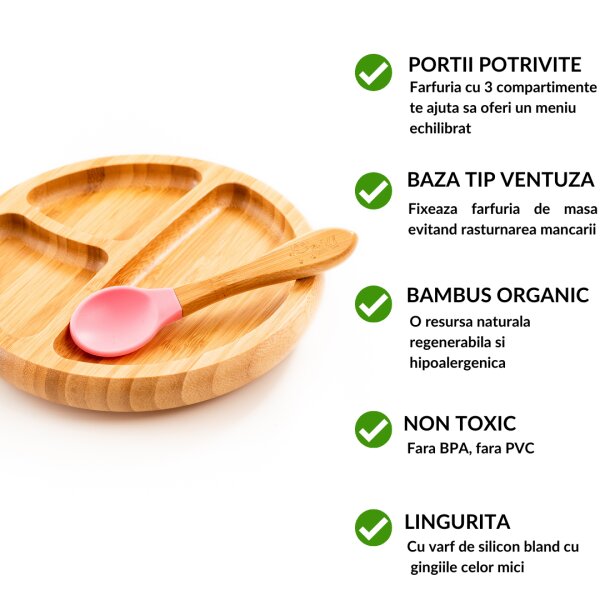 Oaki Set diversificare pentru copii castron farfurie si doua lingurite din bambus roz