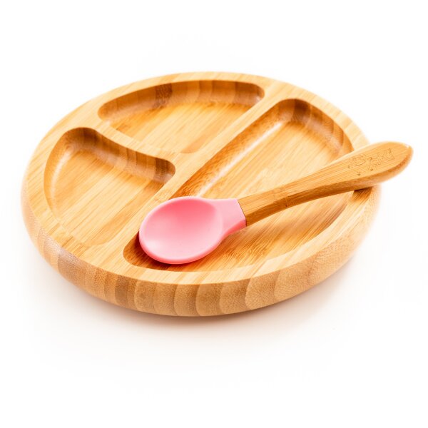 Oaki Set diversificare pentru copii castron farfurie si doua lingurite din bambus roz
