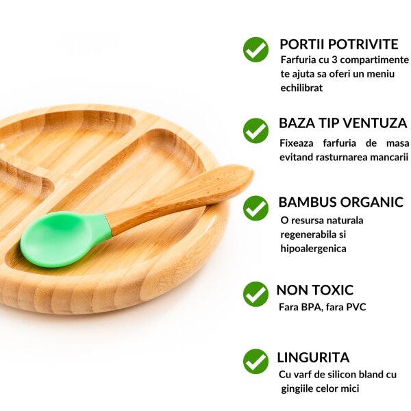 Oaki Set diversificare pentru copii castron farfurie si doua lingurite din bambus verde