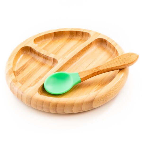 Oaki Set diversificare pentru copii castron farfurie si doua lingurite din bambus verde