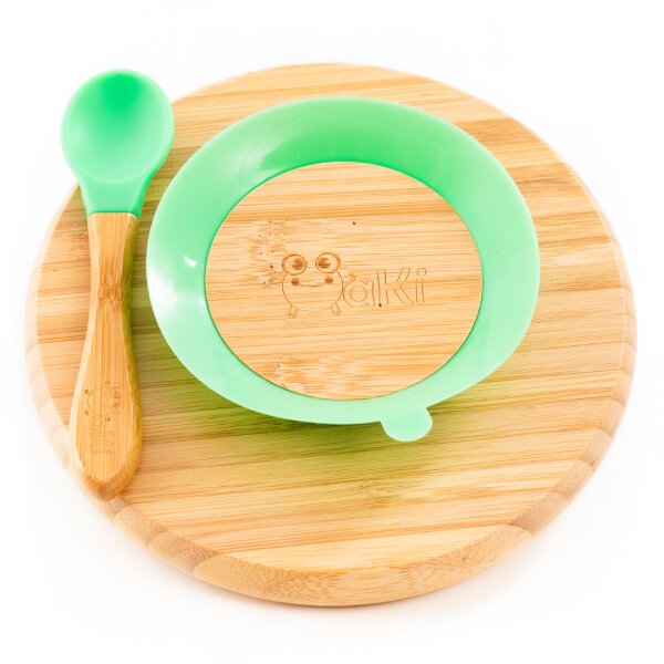 Oaki Set diversificare pentru copii castron farfurie si doua lingurite din bambus verde