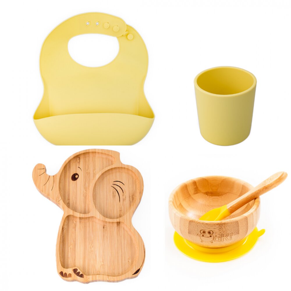 Oaki Set diversificare pentru copii castron si farfurie elefant din bambus cu lingurita pahar si baveta galben