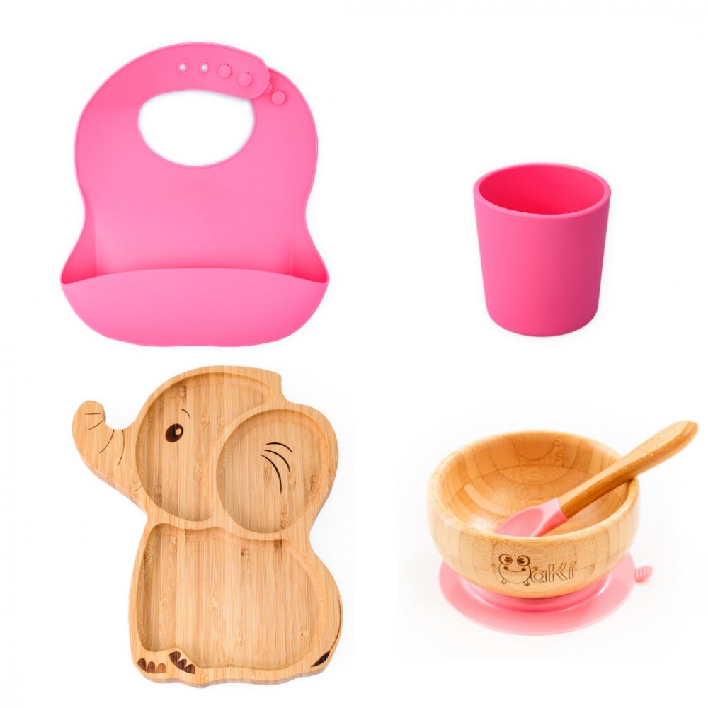 Oaki Set diversificare pentru copii castron si farfurie elefant din bambus cu lingurita pahar si baveta roz