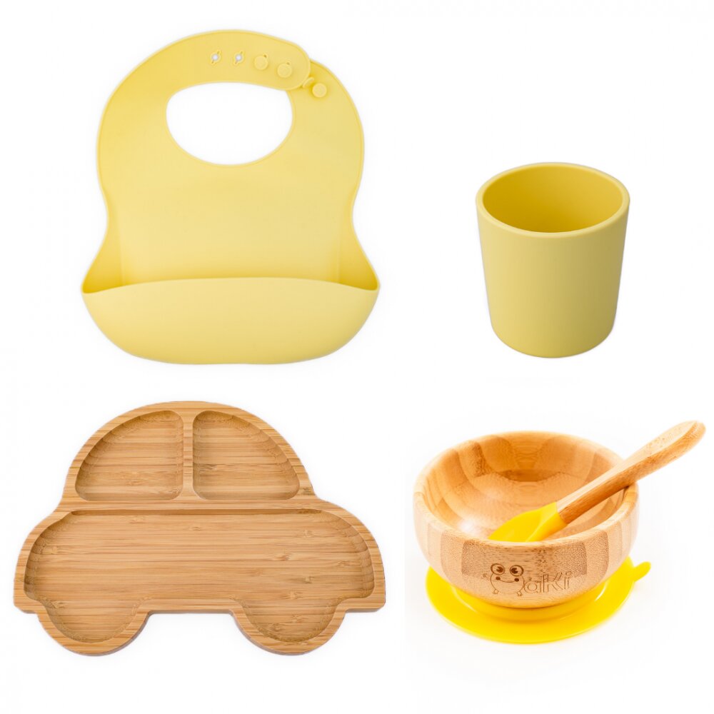 Oaki Set diversificare pentru copii castron si farfurie masinuta din bambus cu lingurita pahar si baveta galben