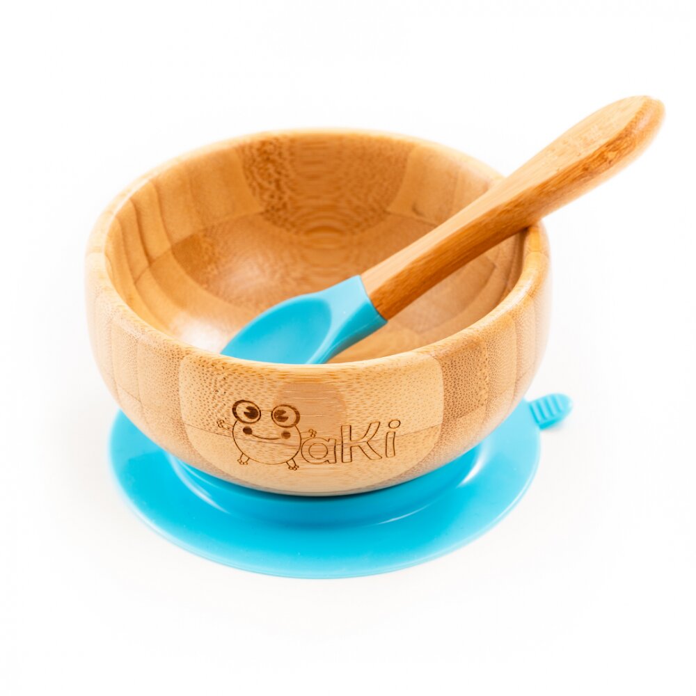Oaki Set diversificare pentru copii castron si lingurita din bambus albastru