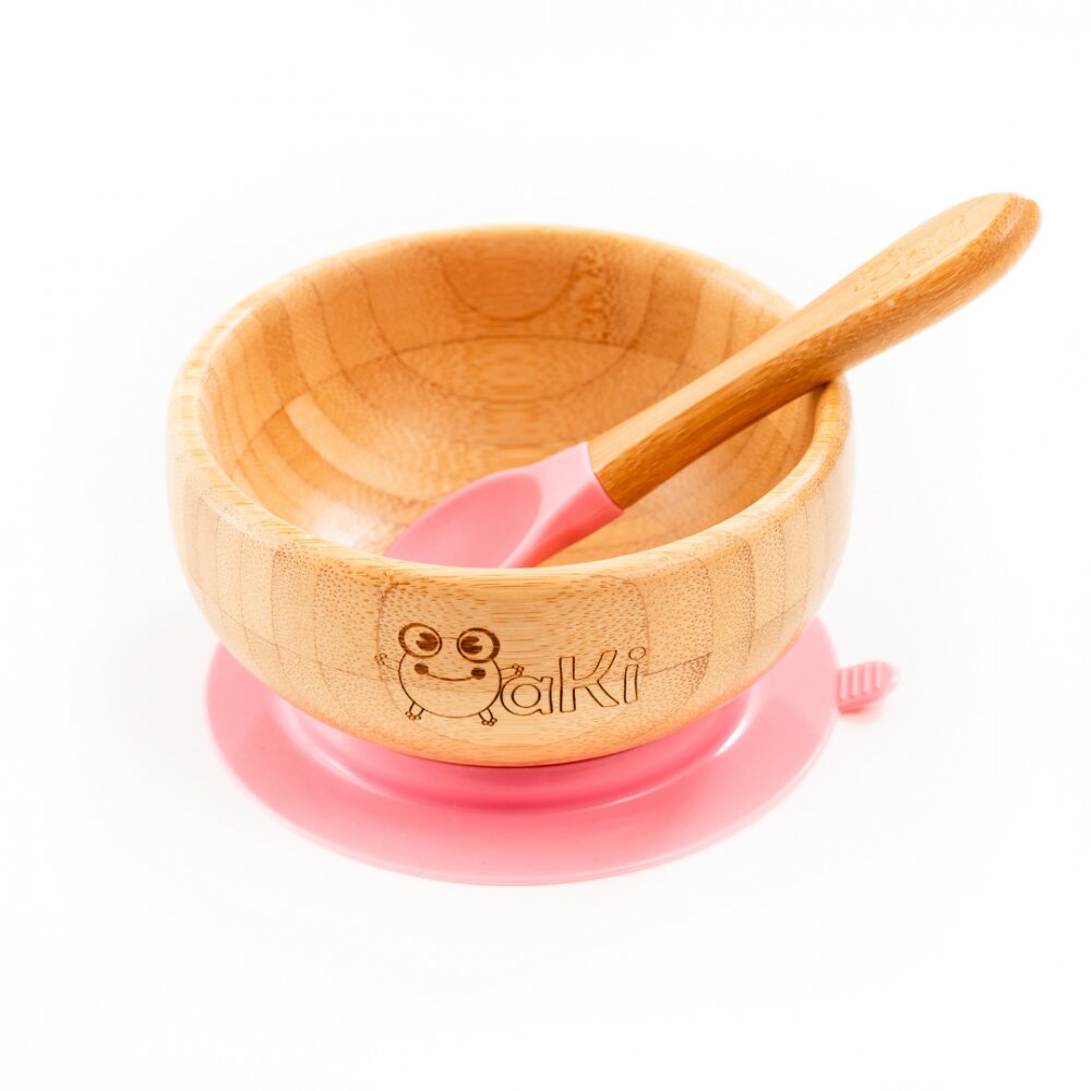 Oaki Set diversificare pentru copii castron si lingurita din bambus roz