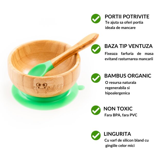 Oaki Set diversificare pentru copii castron si lingurita din bambus verde
