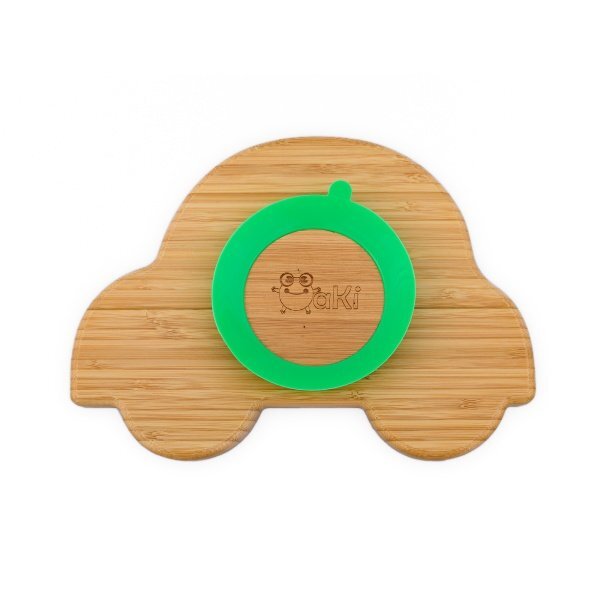 Oaki Set diversificare pentru copii vastron si farfurie masinuta din bambus cu lingurita verde