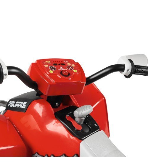 PEG-PEREGO ATV electric pentru copii Peg Perego Polaris Outlaw 330 W 12V Negru rosu tractiune pe doua roti schimbator de viteza lumini led suport pentru picioare sarcina maxima 40 kg