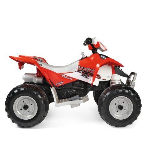 PEG-PEREGO ATV electric pentru copii Peg Perego Polaris Outlaw 330 W 12V Negru rosu tractiune pe doua roti schimbator de viteza lumini led suport pentru picioare sarcina maxima 40 kg