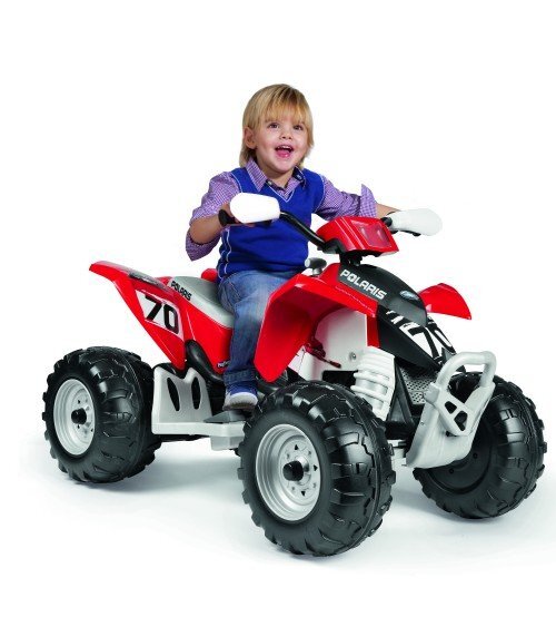 PEG-PEREGO ATV electric pentru copii Peg Perego Polaris Outlaw 330 W 12V Negru rosu tractiune pe doua roti schimbator de viteza lumini led suport pentru picioare sarcina maxima 40 kg