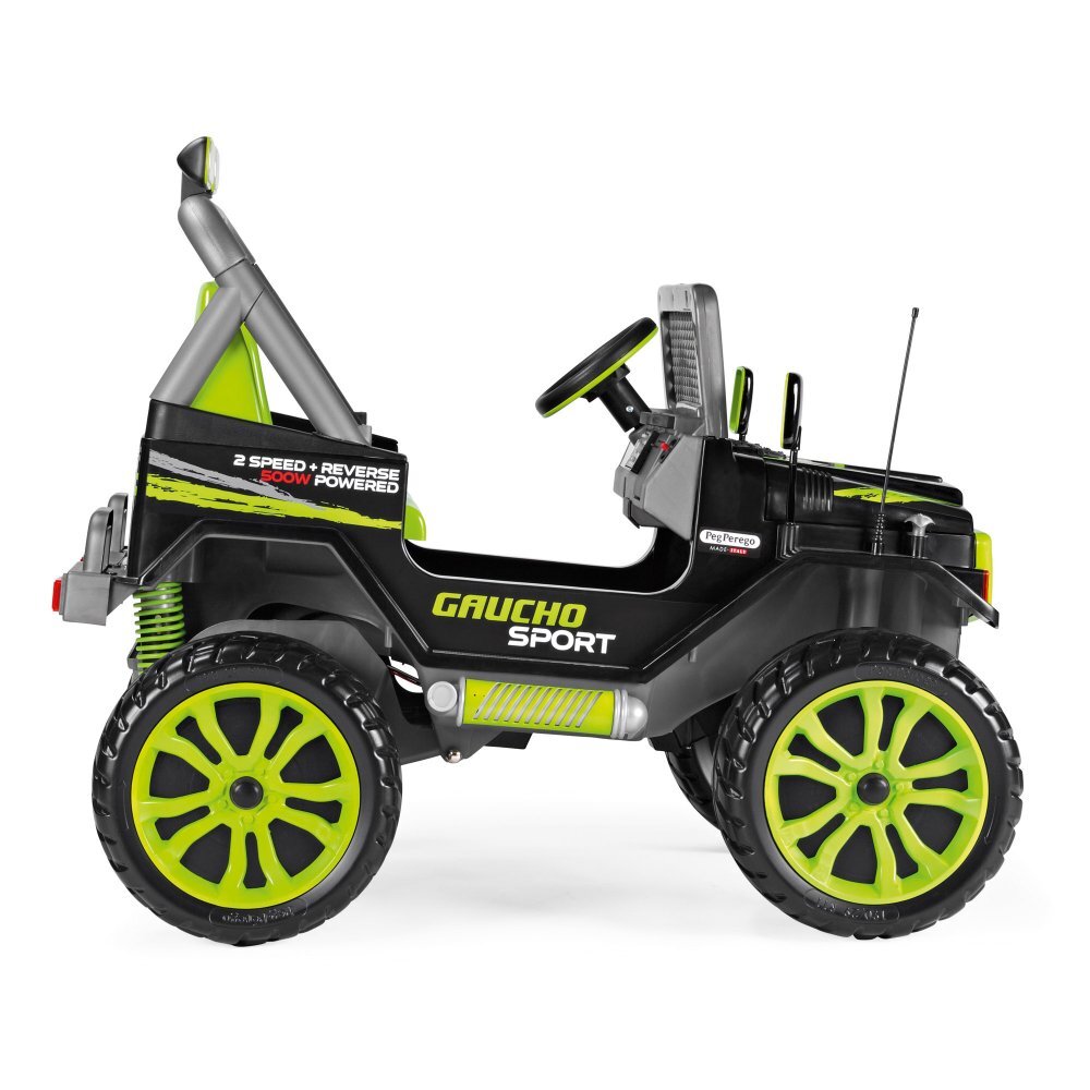 PEG-PEREGO Masina electrica pentru copii Gaucho Sport 12V VerdeNegru 500W cu suspensii 2 locuri reglabile si pornire lenta