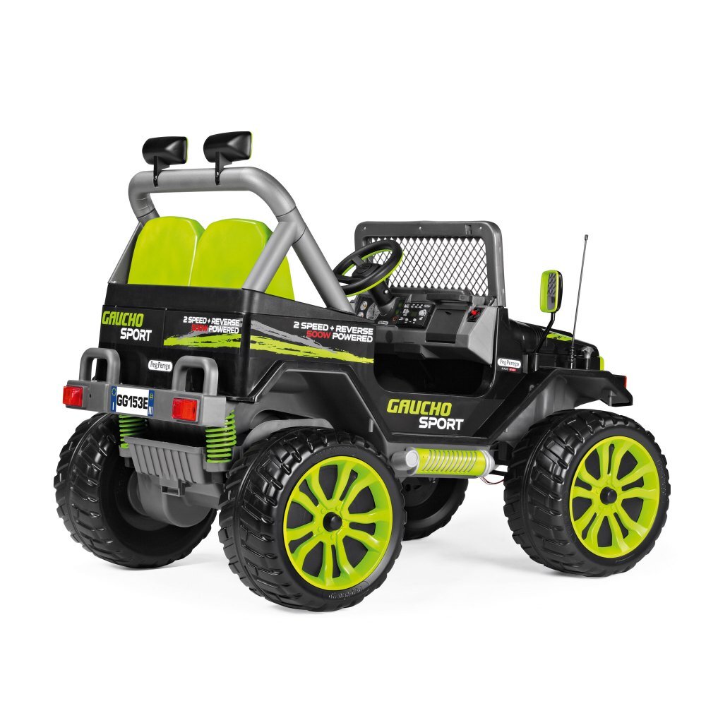 PEG-PEREGO Masina electrica pentru copii Gaucho Sport 12V VerdeNegru 500W cu suspensii 2 locuri reglabile si pornire lenta