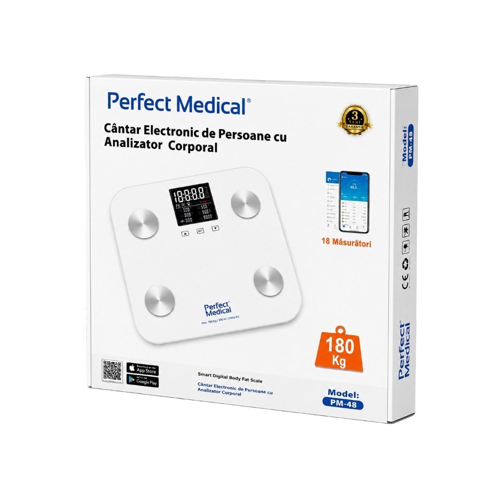 PERFECT MEDICAL Cantar digital inteligent Smart PM-48 cu bluetooth sticla securizata suprafata antiderapanta si 4 senzori de inalta precizie
