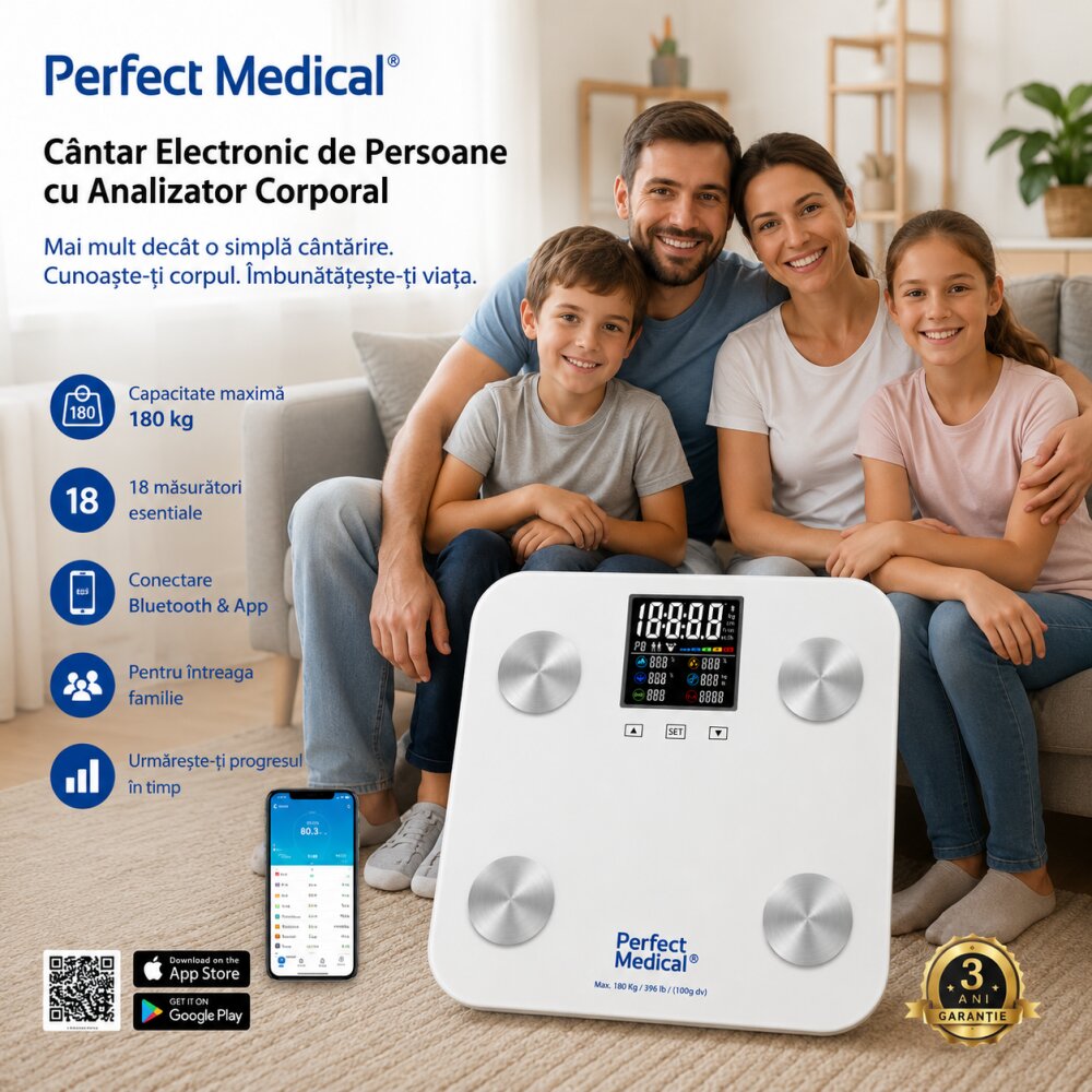 PERFECT MEDICAL Cantar digital inteligent Smart PM-48 cu bluetooth sticla securizata suprafata antiderapanta si 4 senzori de inalta precizie