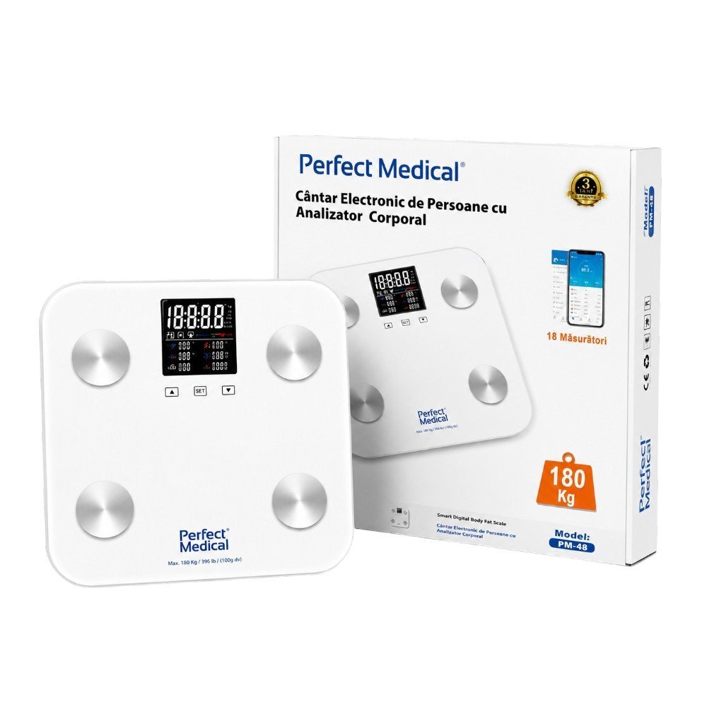 PERFECT MEDICAL Cantar digital inteligent Smart PM-48 cu bluetooth sticla securizata suprafata antiderapanta si 4 senzori de inalta precizie