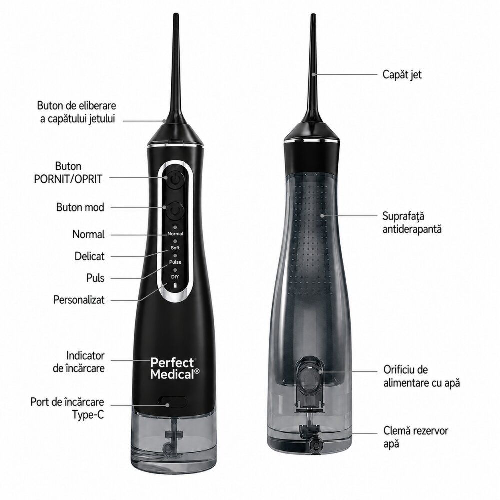 PERFECT MEDICAL Dus bucal portabil PM-51B cu 4 moduri de curatare rezervor 320 ml si presiune 30-120 PSI