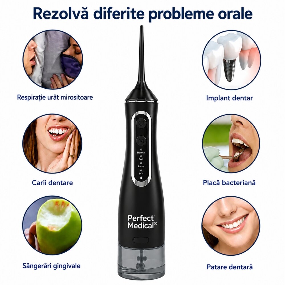 PERFECT MEDICAL Dus bucal portabil PM-51B cu 4 moduri de curatare rezervor 320 ml si presiune 30-120 PSI