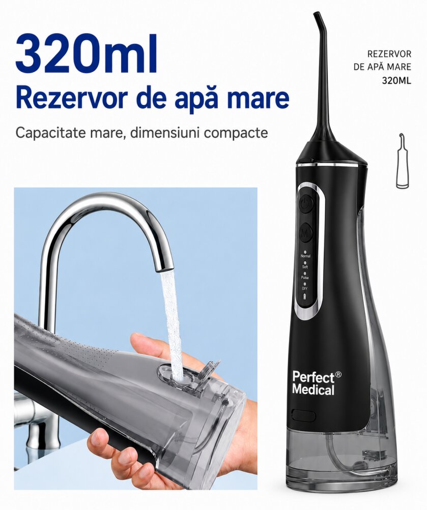 PERFECT MEDICAL Dus bucal portabil PM-51B cu 4 moduri de curatare rezervor 320 ml si presiune 30-120 PSI
