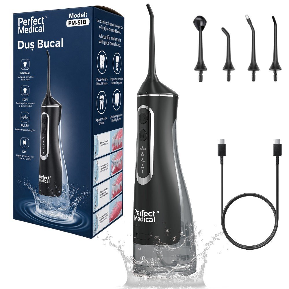PERFECT MEDICAL Dus bucal portabil PM-51B cu 4 moduri de curatare rezervor 320 ml si presiune 30-120 PSI