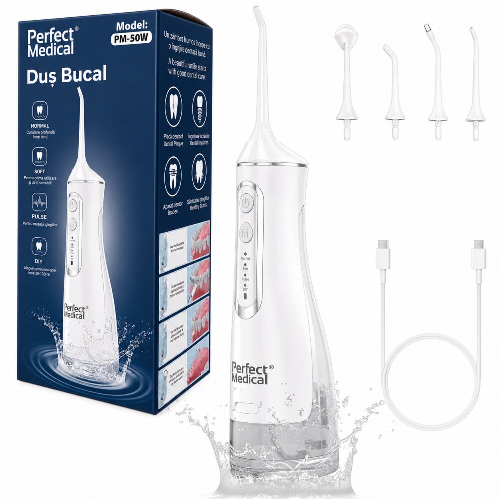 PERFECT MEDICAL Dus bucal portabil PM-51W cu 4 moduri de curatare rezervor 320 ml si presiune 30-120 PSI