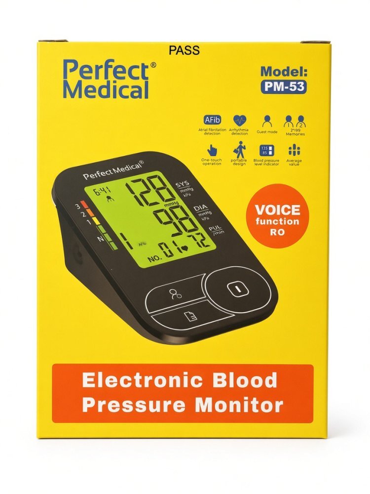 PERFECT MEDICAL Tensiometru de brat PM-53 cu senzori de inalta precizie manseta 22-36 cm functie vocala in limba romana ecran iluminat detectare aritmie si AFib memorie 2 x 199