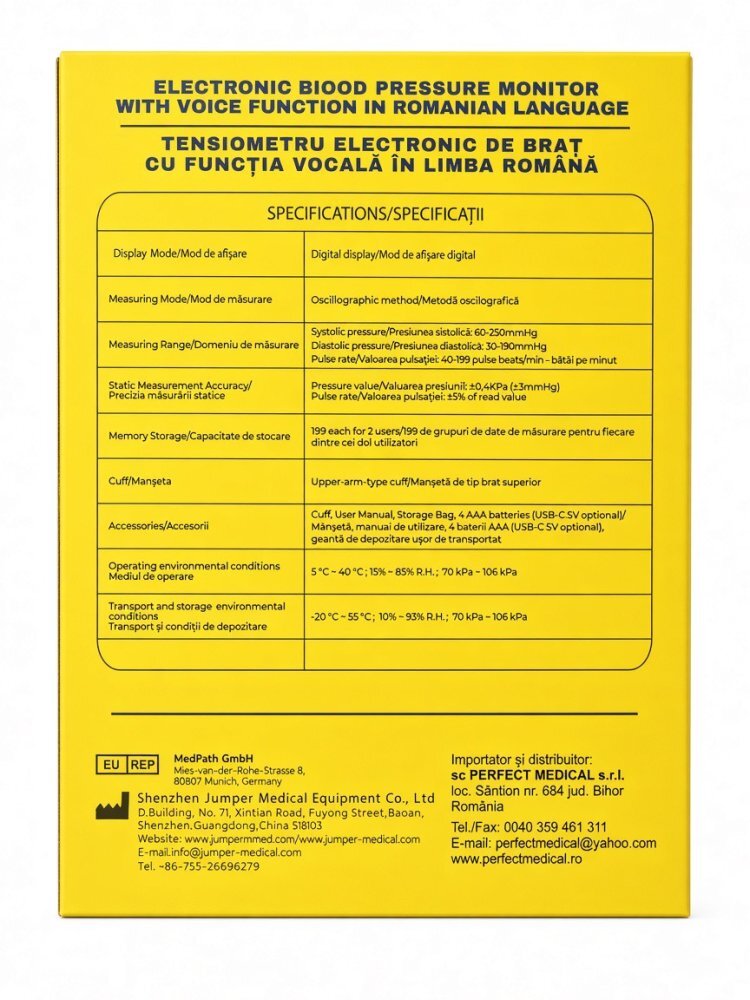 PERFECT MEDICAL Tensiometru de brat PM-53 cu senzori de inalta precizie manseta 22-36 cm functie vocala in limba romana ecran iluminat detectare aritmie si AFib memorie 2 x 199