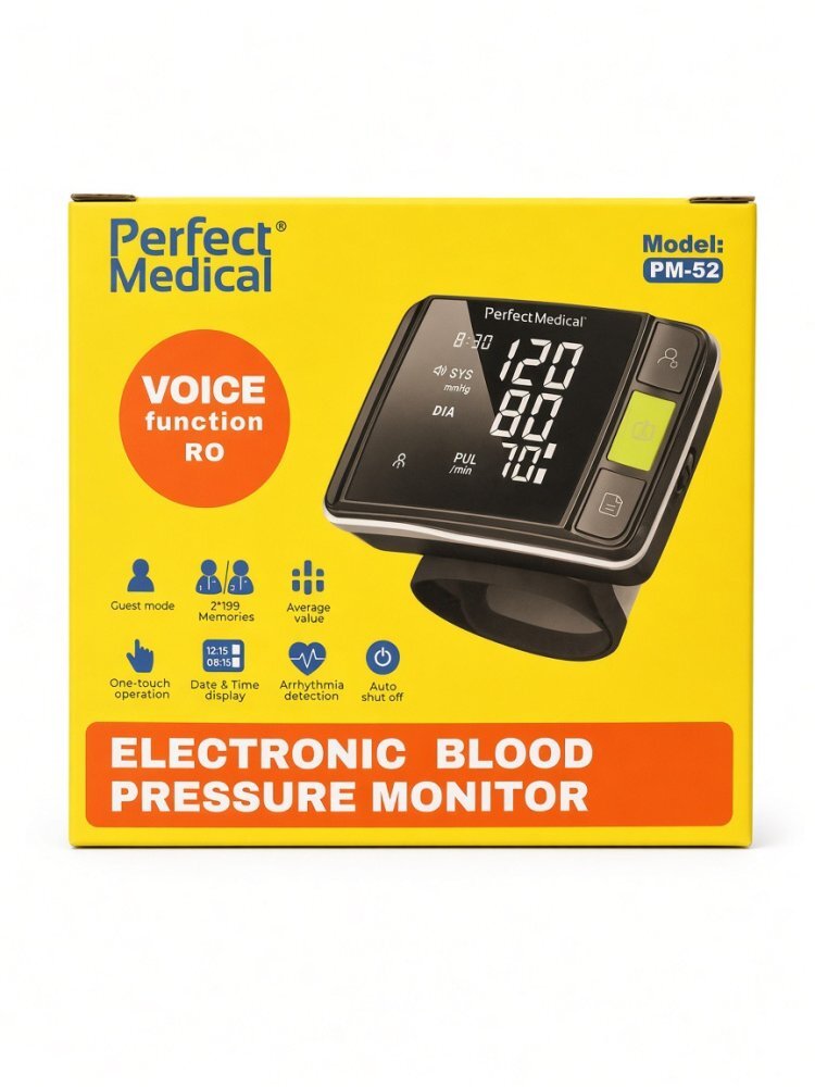 PERFECT MEDICAL Tensiometru de incheietura PM-52 cu senzori de inalta precizie manseta 135-215 cm functie vocala in limba romana detectare aritmie memorie 2 x 199