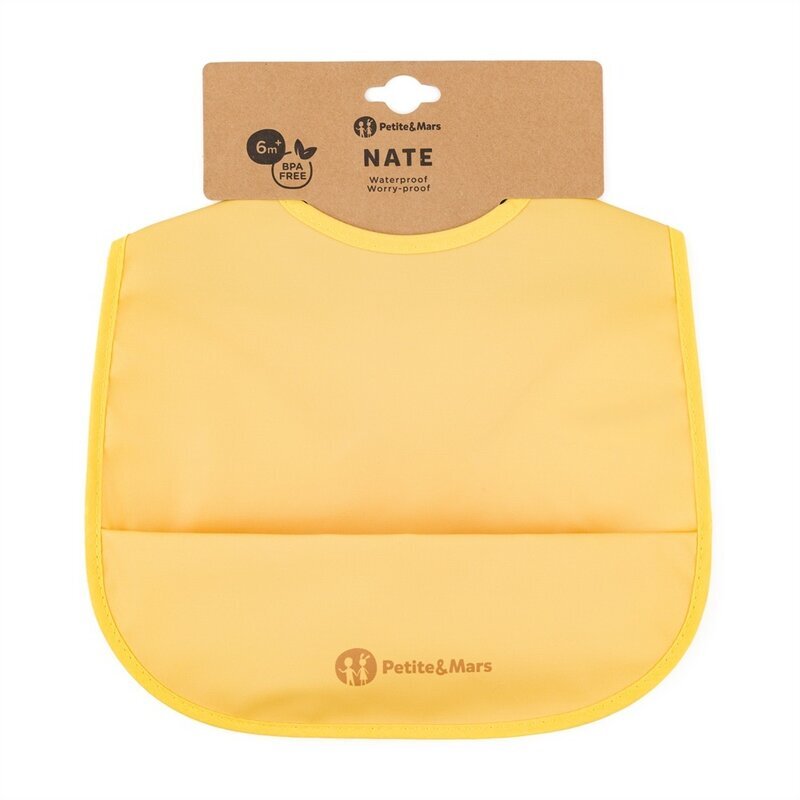 Petite&Mars Baveta impermeabila cu buzunar PetiteMars Nate fara pvc si ftalati 37x27 cm 6 luni+ prindere velcro Ocru