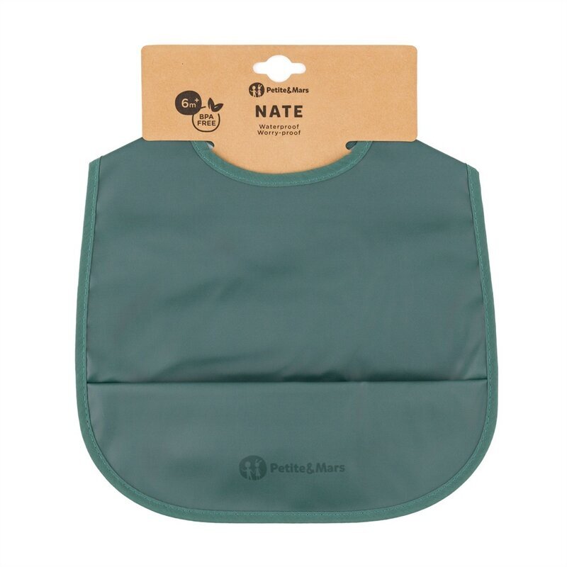 Petite&Mars Baveta impermeabila cu buzunar PetiteMars Nate fara pvc si ftalati 37x27 cm 6 luni+ prindere velcro verde