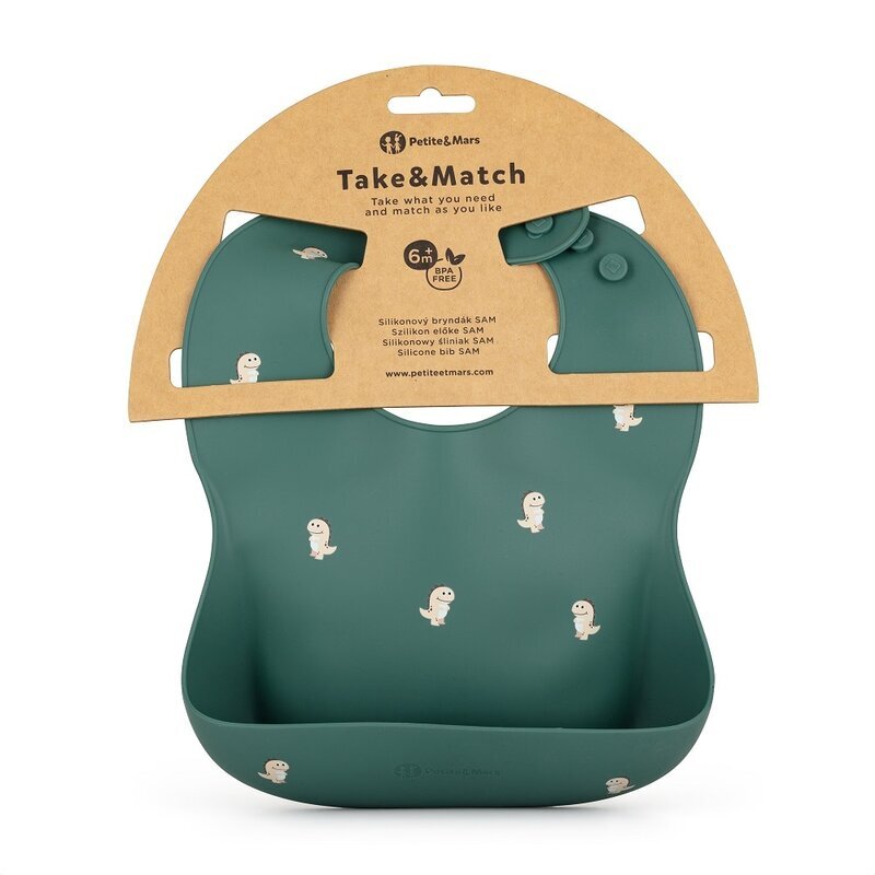 Petite&Mars Baveta moale PetiteMars cu buzunar colector TakeMatch model dinozauri verde