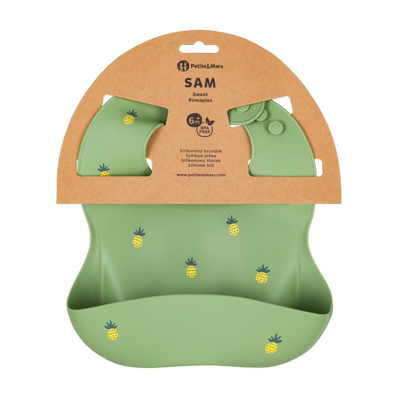 Petite&Mars Baveta moale PetiteMars TakeMatch Verde reglabila cu buzunar colector silicon fara BPA 6 luni+ model ananas