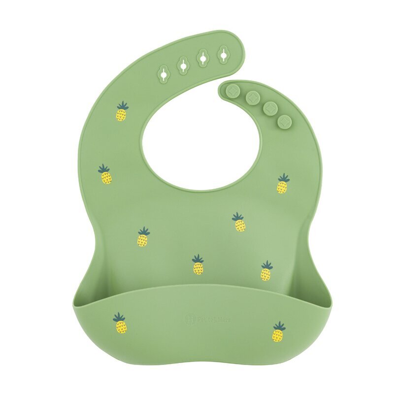 Petite&Mars Baveta moale PetiteMars TakeMatch Verde reglabila cu buzunar colector silicon fara BPA 6 luni+ model ananas