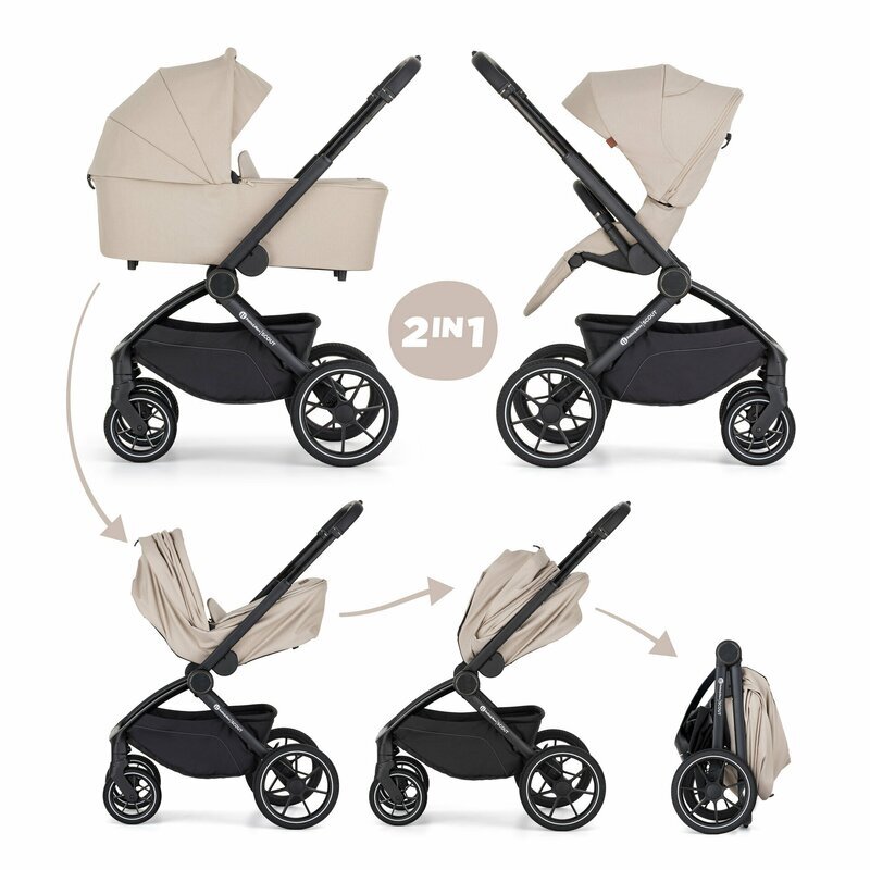 Petite&Mars Carucior 2 in 1 pentru copii PetiteMars Scout Bej cu landou pliabil reversibil spatar si suport de picioare reglabile maner ajustabil accesorii pana la 22 kg 0 luni+