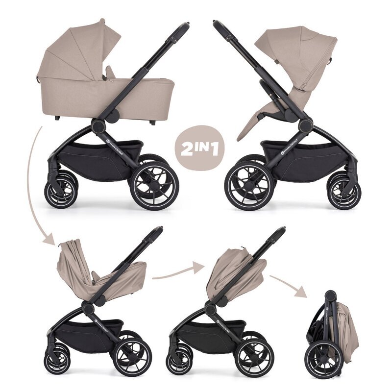 Petite&Mars Carucior 2 in 1 pentru copii PetiteMars Scout Crem Cappuccino cu landou pliabil reversibil spatar si suport de picioare reglabile maner ajustabil accesorii pana la 22 kg 0 luni+