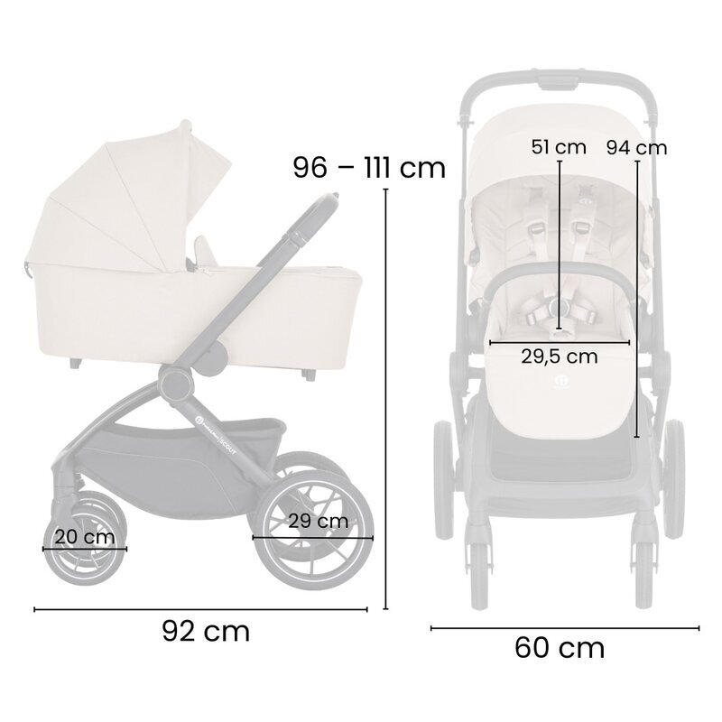 Petite&Mars Carucior 2 in 1 pentru copii PetiteMars Scout Crem Cappuccino cu landou pliabil reversibil spatar si suport de picioare reglabile maner ajustabil accesorii pana la 22 kg 0 luni+
