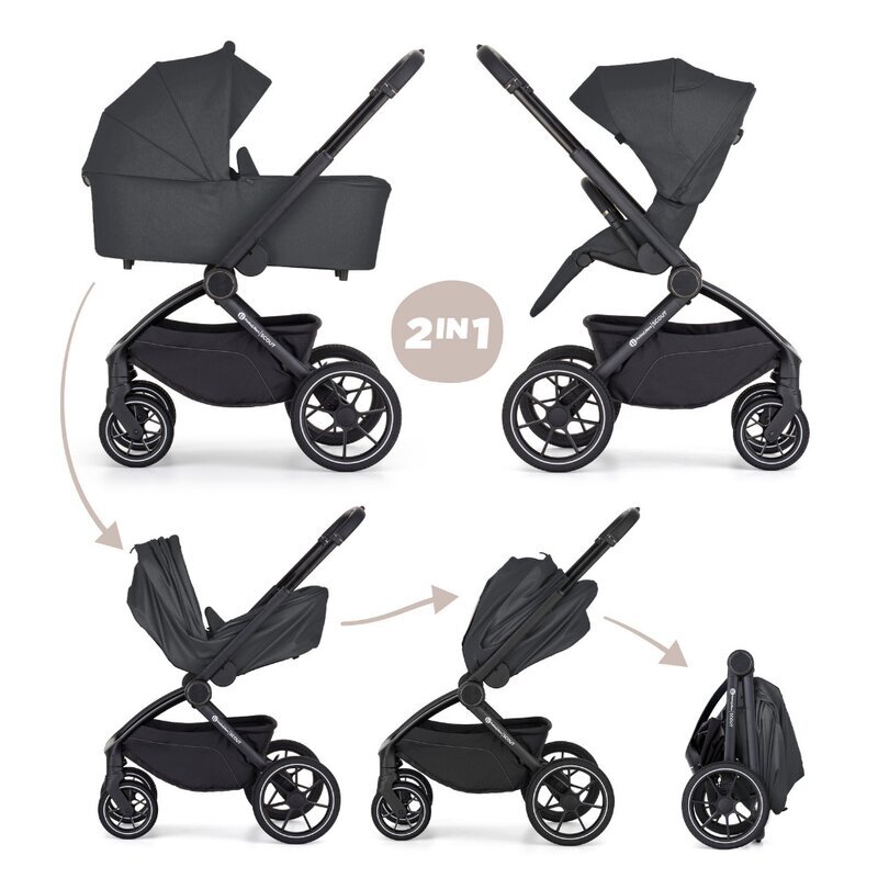 Petite&Mars Carucior 2 in 1 pentru copii PetiteMars Scout Gri cu landou pliabil reversibil spatar si suport de picioare reglabile maner ajustabil accesorii pana la 22 kg 0 luni+
