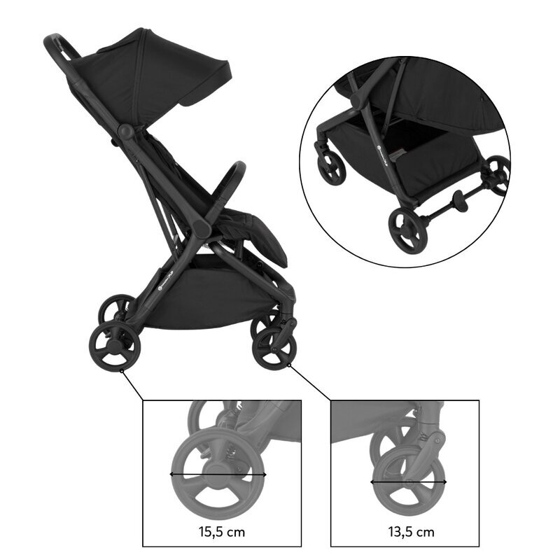 Petite&Mars Carucior pentru copii PetiteMars Flip negru cu pliere compacta spatar reglabil suport picioare reglabil si copertina extensibila cu protectie UPF 50+ greutate admisa 22 kg
