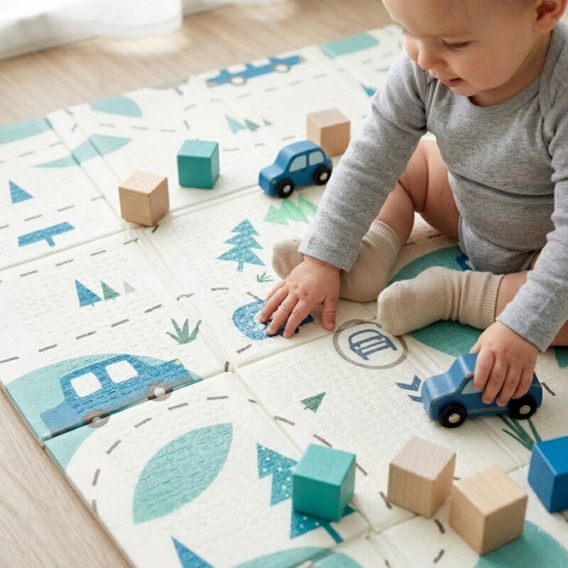 Petite&Mars Covoras educativ PetiteMars Campy L din spuma XPE non-toxica cu doua fete suprafata antiderapanta 130x200 cm pliabil compact 40x32x21 cm model masini si forme geometrice