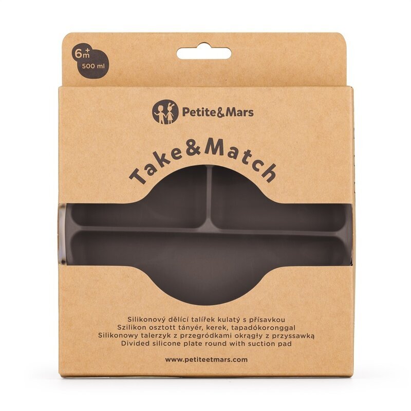 Petite&Mars Farfurie compartimentata din silicon PetiteMars Bitter Cocoa Maro TakeMatch cu ventuza si 3 compartimente fara BPA 500 ml 6 luni+