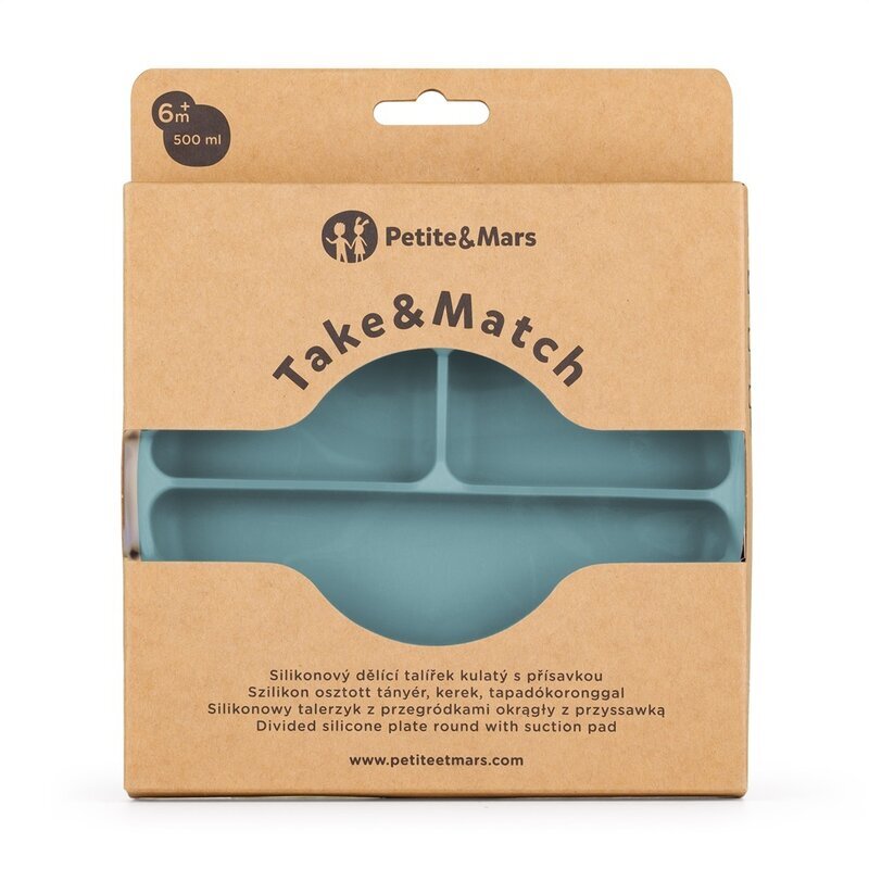 Petite&Mars Farfurie compartimentata din silicon PetiteMars Frosted Sky Albastru TakeMatch cu ventuza si 3 compartimente fara BPA 500 ml 6 luni+