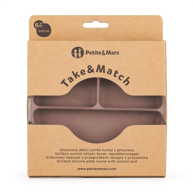 Petite&Mars Farfurie compartimentata din silicon PetiteMars Velvet Latte Maro pudrat TakeMatch cu ventuza si 3 compartimente fara BPA 500 ml 6 luni+