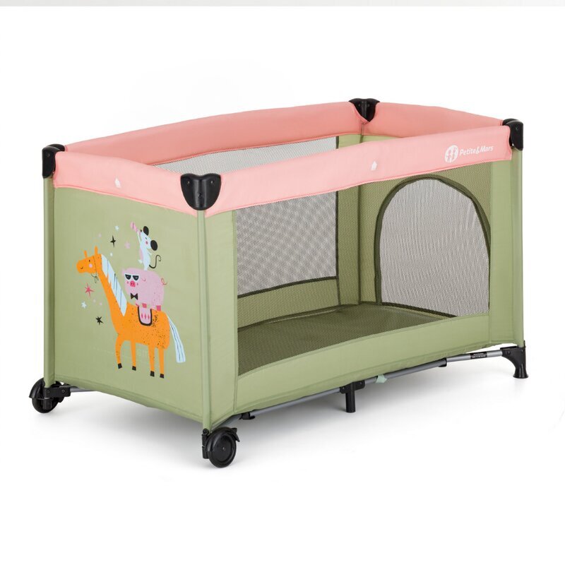 Petite&Mars Patut pliabil pentru copii PetiteMars Koot Boho 120x60 cm cu roti functie de tarc pliere compacta include geanta de transport intrare laterala cu fermoar greutate admisa 15 kg 0-30 luni