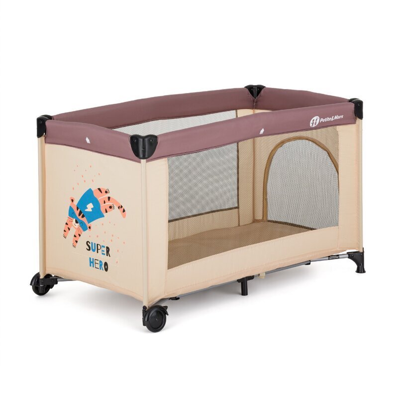 Petite&Mars Patut pliabil pentru copii PetiteMars Koot maro 120x60 cm cu roti functie de tarc pliere compacta include geanta de transport intrare laterala cu fermoar greutate admisa 15 kg 0-30 luni