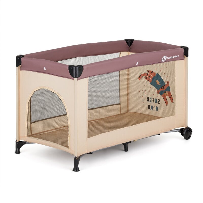 Petite&Mars Patut pliabil pentru copii PetiteMars Koot maro 120x60 cm cu roti functie de tarc pliere compacta include geanta de transport intrare laterala cu fermoar greutate admisa 15 kg 0-30 luni