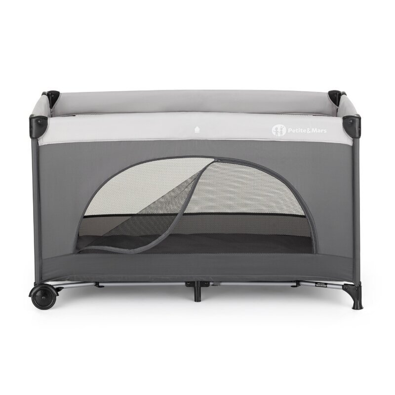 Petite&Mars Patut pliabil pentru copii PetiteMars Nyja gri 120x60 cm cu roti functie de tarc pliere compacta include geanta de transport intrare laterala cu fermoar greutate admisa 15 kg 0-30 luni