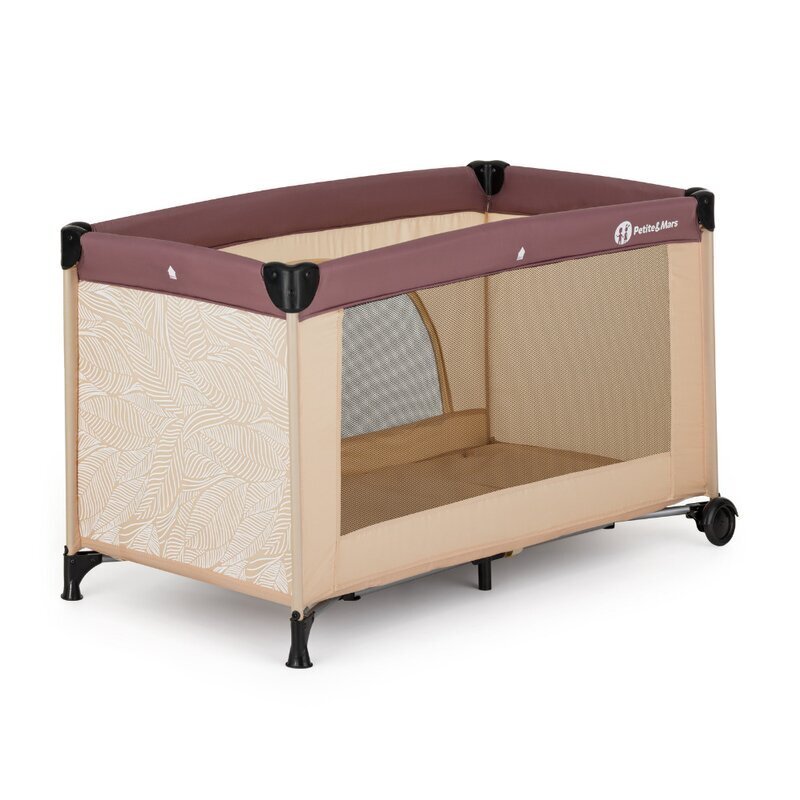 Petite&Mars Patut pliabil pentru copii PetiteMars Nyja maro 120x60 cm cu roti functie de tarc pliere compacta include geanta de transport intrare laterala cu fermoar greutate admisa 15 kg 0-30 luni