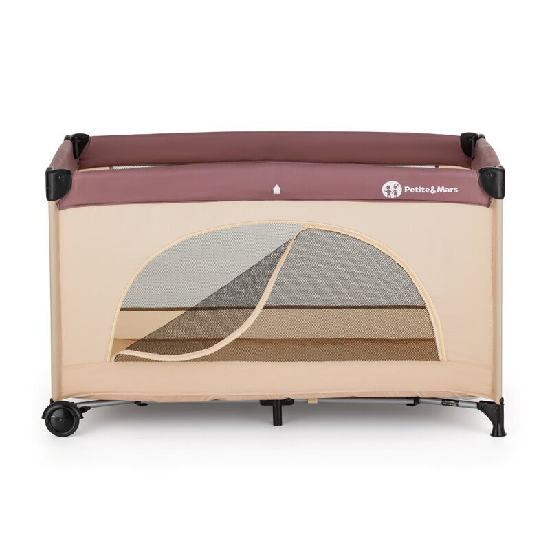Petite&Mars Patut pliabil pentru copii PetiteMars Nyja maro 120x60 cm cu roti functie de tarc pliere compacta include geanta de transport intrare laterala cu fermoar greutate admisa 15 kg 0-30 luni
