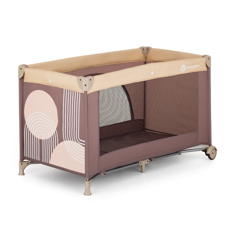 Petite&Mars Patut pliabil pentru copii PetiteMars Nyja Mocha 120x60 cm cu roti functie de tarc pliere compacta include geanta de transport intrare laterala cu fermoar greutate admisa 15 kg 0-30 luni