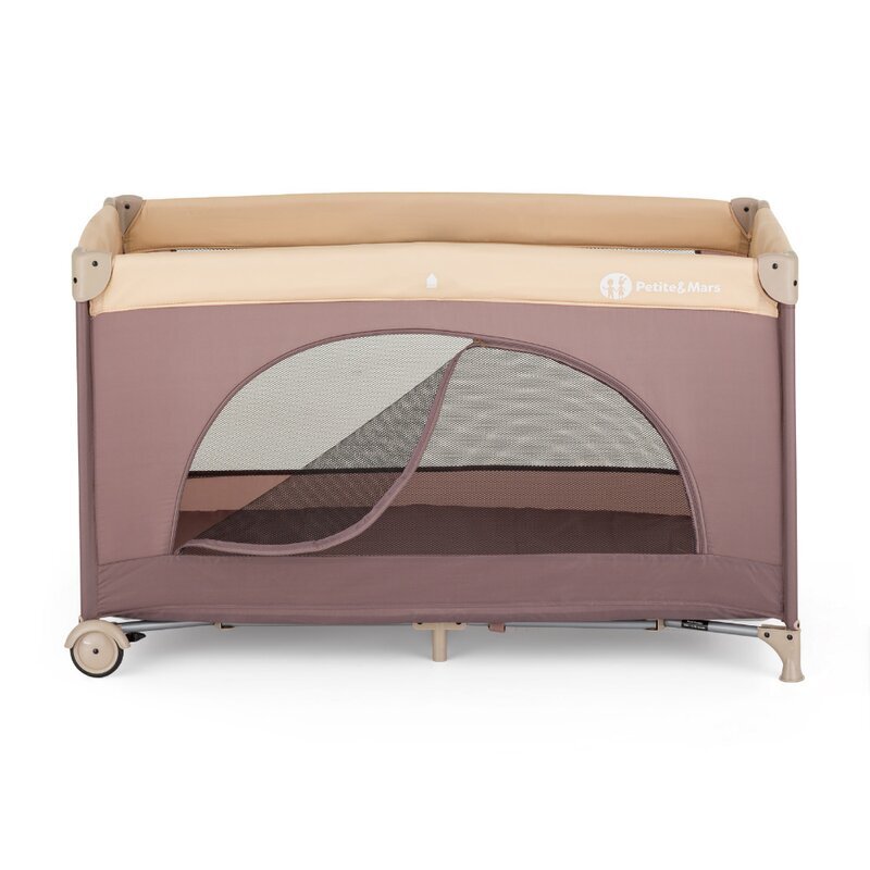 Petite&Mars Patut pliabil pentru copii PetiteMars Nyja Mocha 120x60 cm cu roti functie de tarc pliere compacta include geanta de transport intrare laterala cu fermoar greutate admisa 15 kg 0-30 luni